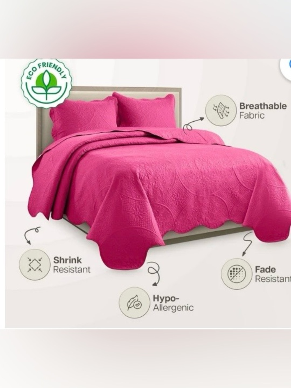 Hot Pink Full/Queen Quilted Bedspread Set with 2 Pillow Shams - Picture 3 of 5